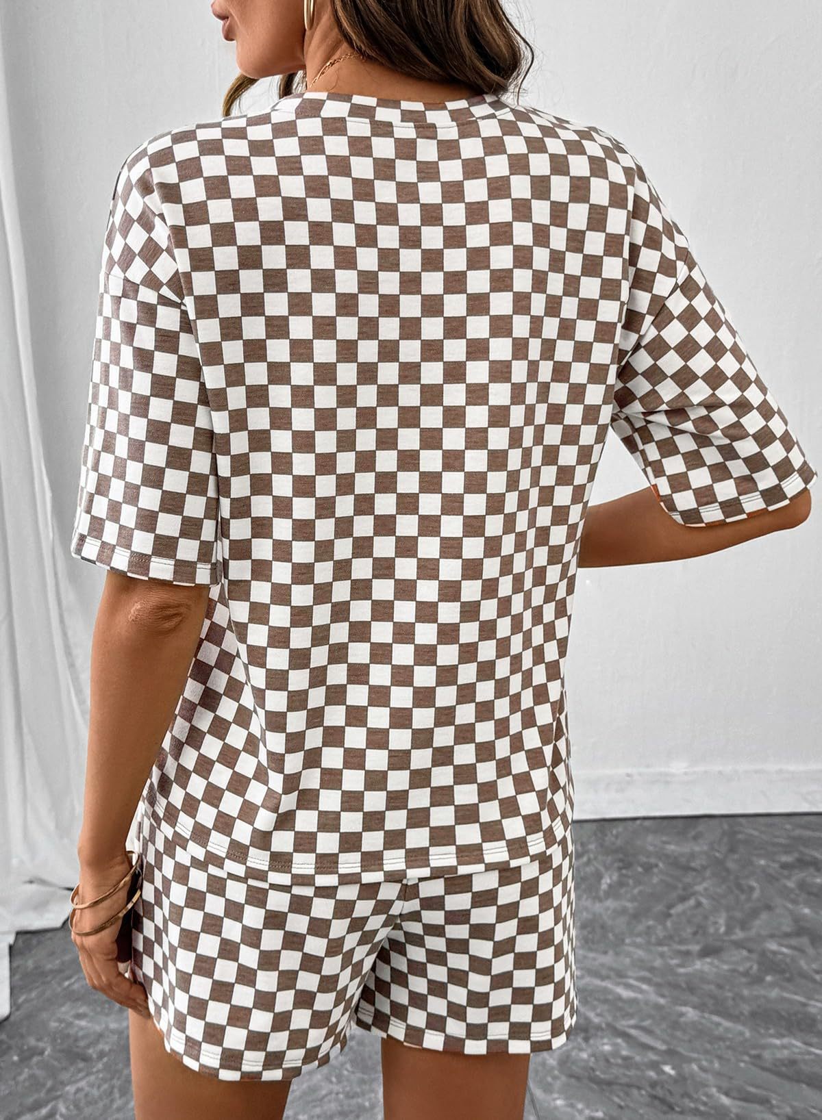 Women's Checkerboard Lounge Set Drawstring Shorts Casual