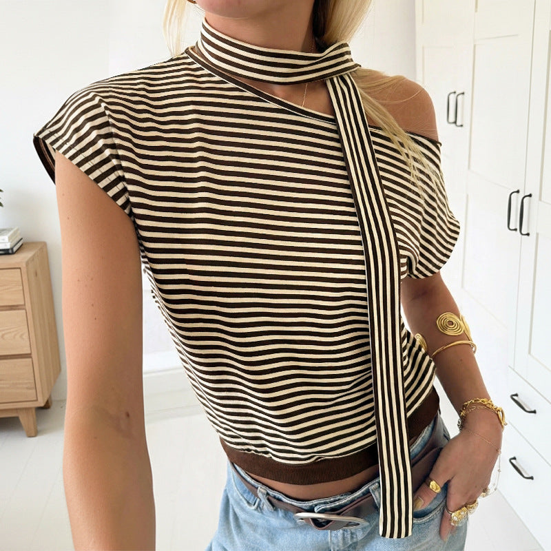 Striped One Shoulder Choker Neck Crop Tee Top