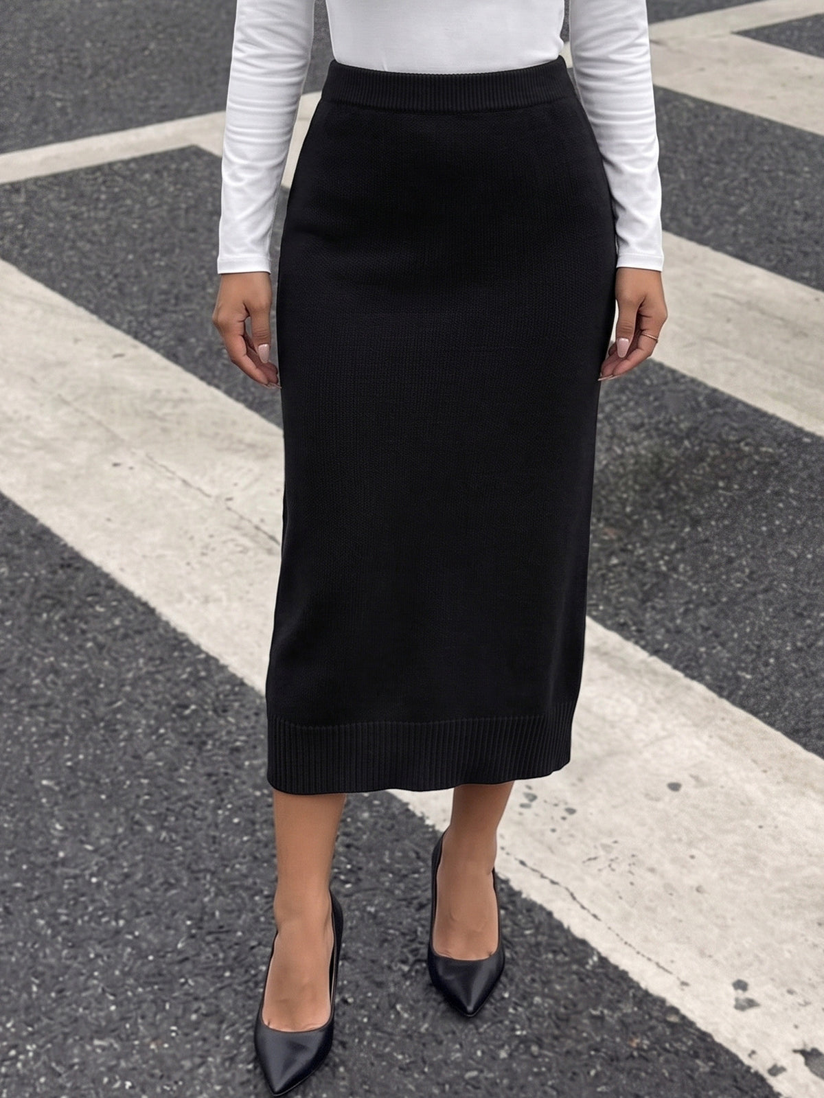 Women's Ribbed Knit Bodycon Midi Pencil Skirt