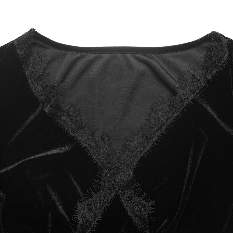 Black Velvet Lace V-Neck Mini Dress Long Sleeve Vintage