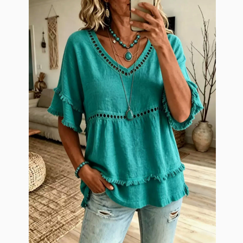 Eyelet Trim Linen V Neck Ruffle Sleeve Blouse