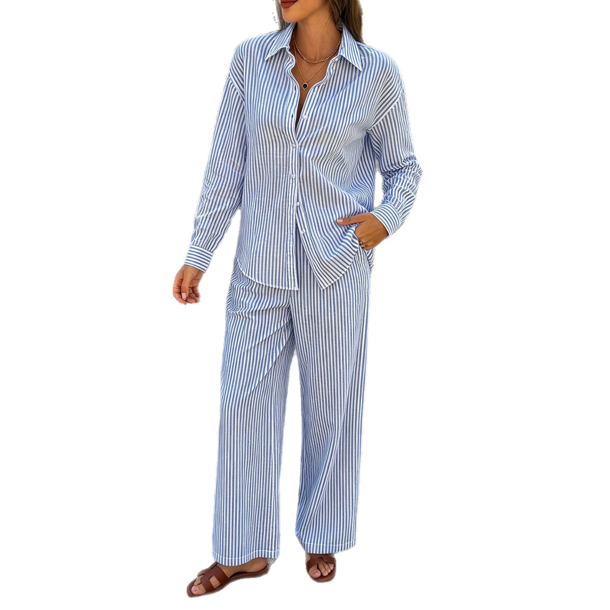 Women's Striped Cotton Shirt & Wide Leg Pants Set