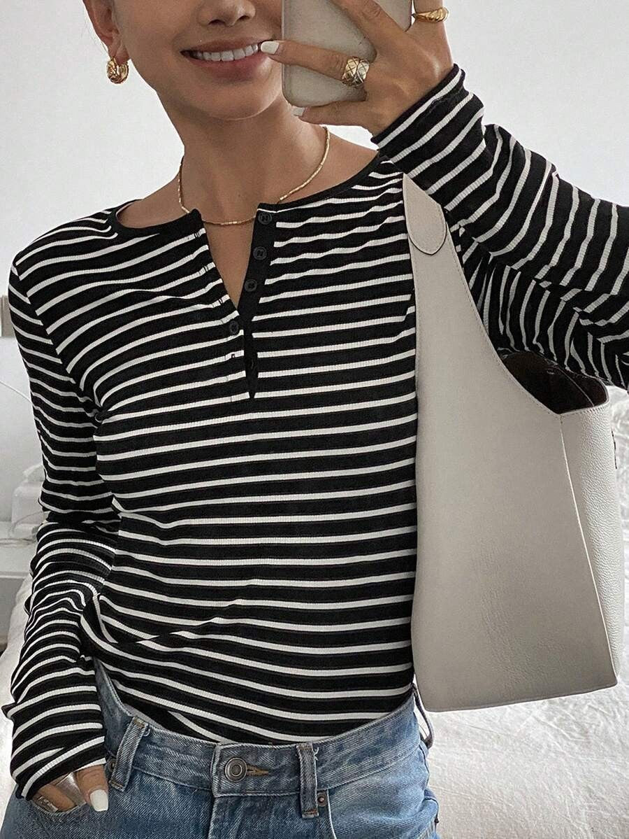 Striped Long Sleeve Top Henley Neck Casual Relaxed Fit Tee