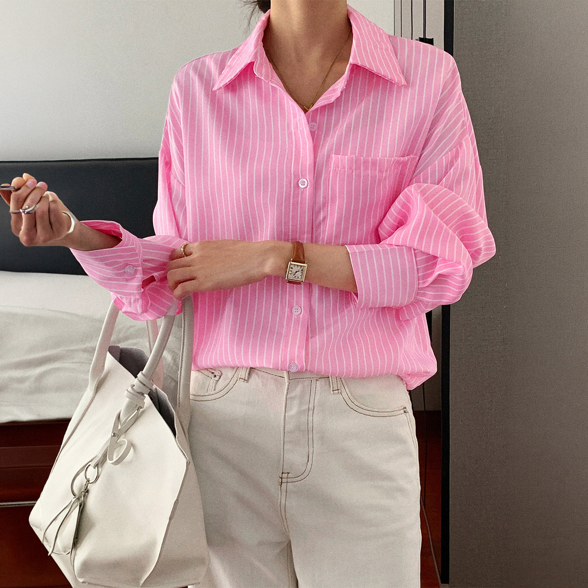 Pink Striped Oversized Button Down Shirt