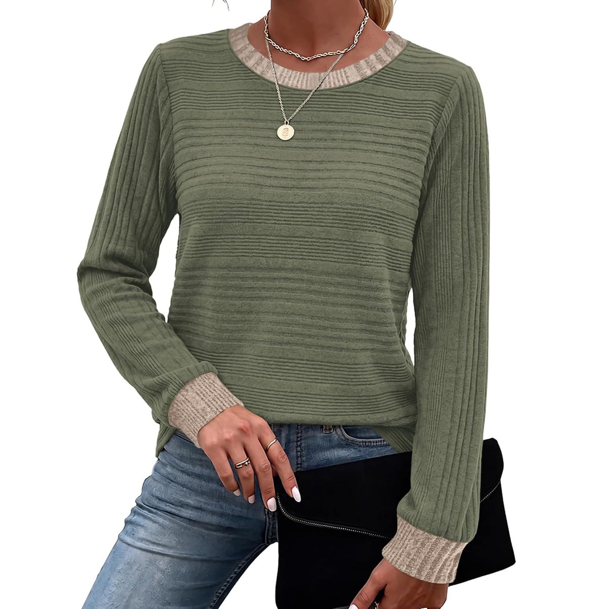 Women's Color Block Ribbed Long Sleeve Loose Casual Top