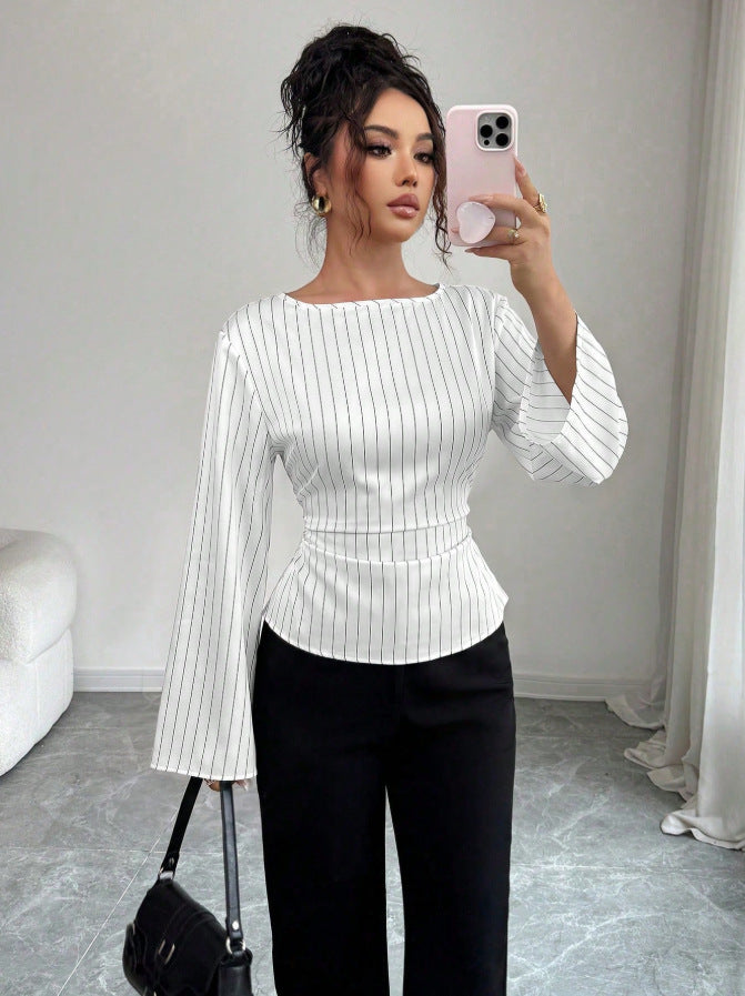 Women's Striped Bell Sleeve Tie Waist Blouse