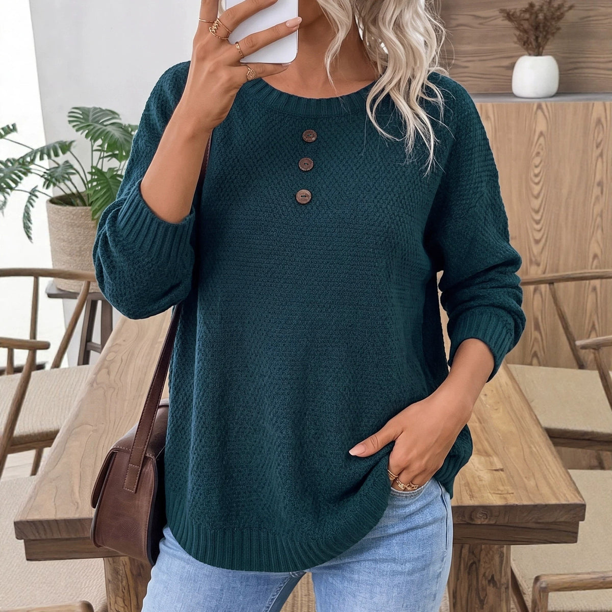 Women's Oversized Coconut Button Crew Neck Sweater