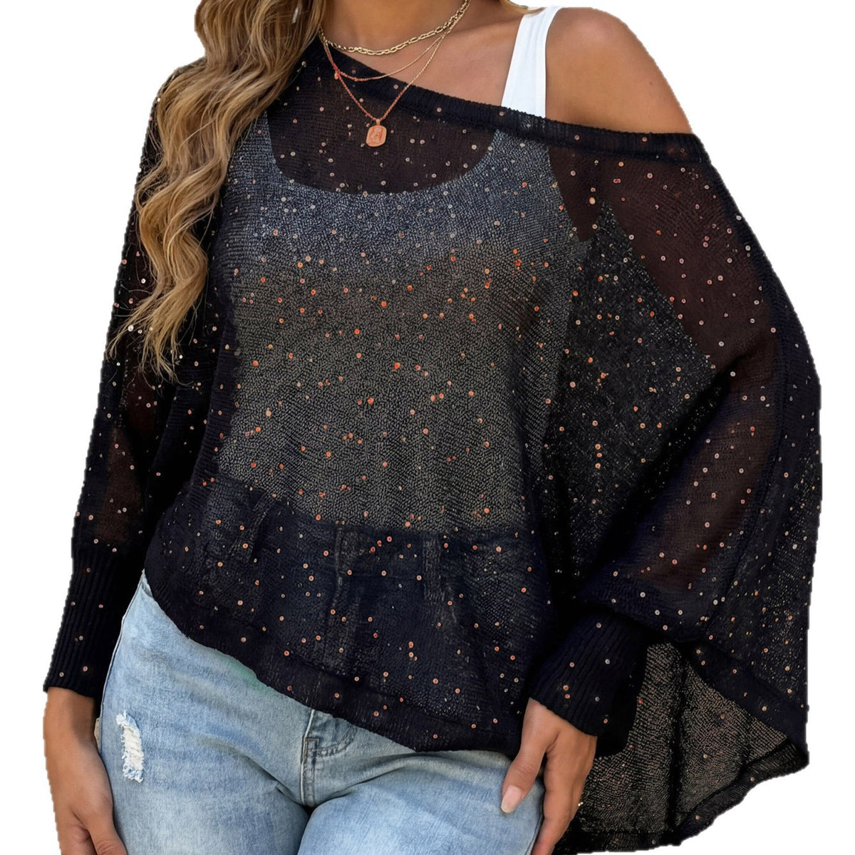 Women's Sequin Batwing Beach Cover Up Top
