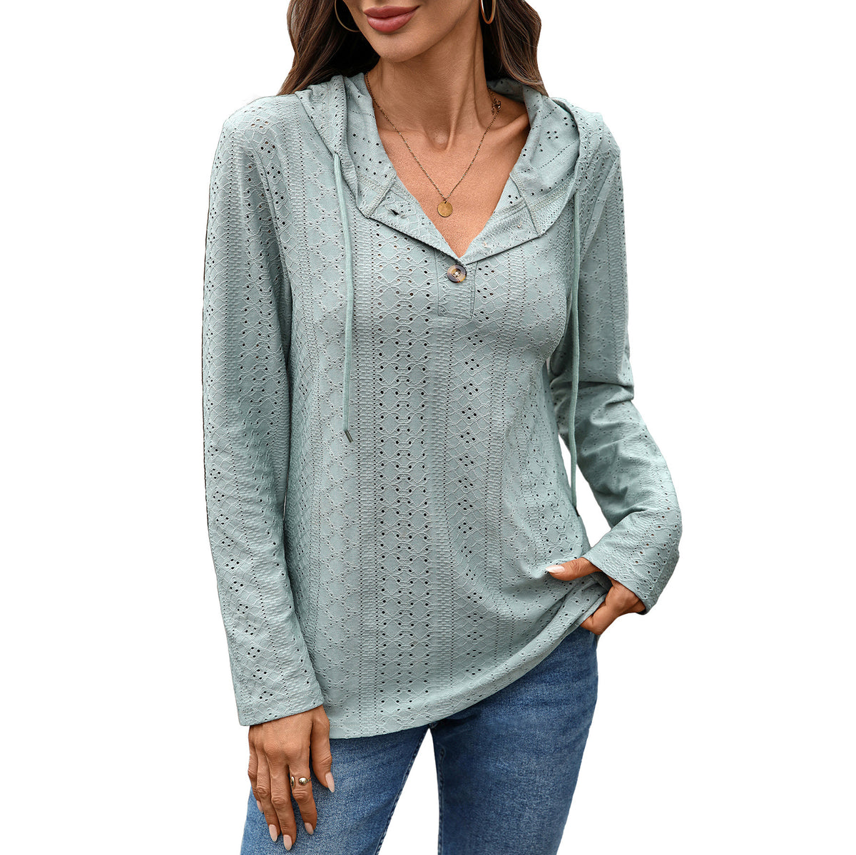 Women's Eyelet Hooded Henley Long Sleeve Loose Tunic Top