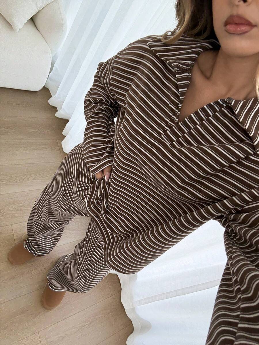 Striped Lounge Set Casual Collared Pullover Wide Leg Pants