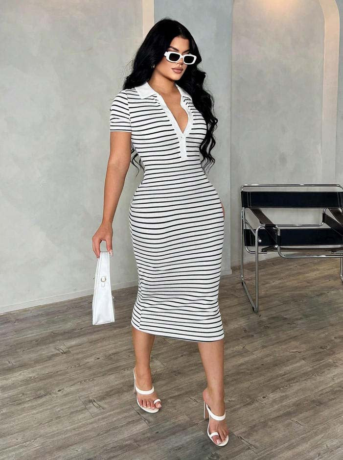 Striped Polo Collar Bodycon Midi Dress Short Sleeve Casual  Wear