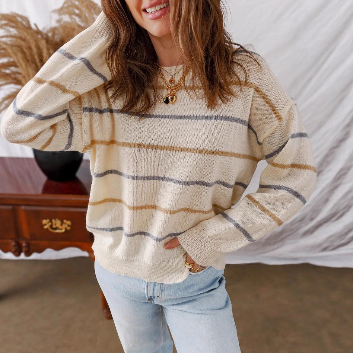 Casual Striped Loose Fit Pullover Sweater for Women