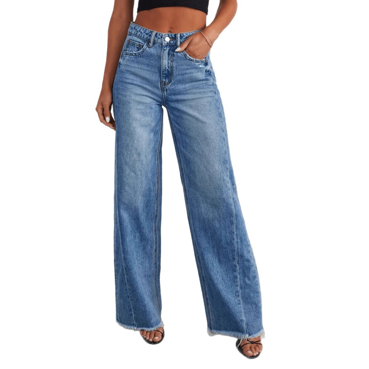 2026 High Waisted Wide Leg Washed Denim Jeans