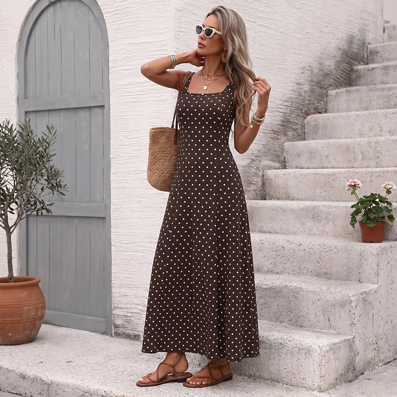 Polka Dot Chiffon Maxi Dress Resort Square Neck