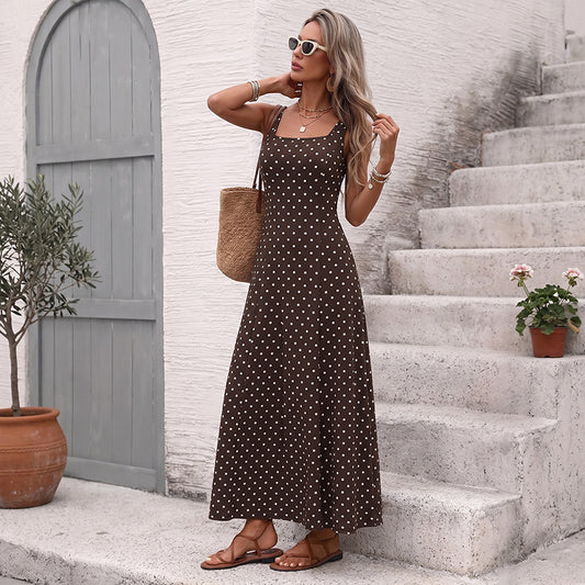 Polka Dot Chiffon Maxi Dress Resort Square Neck