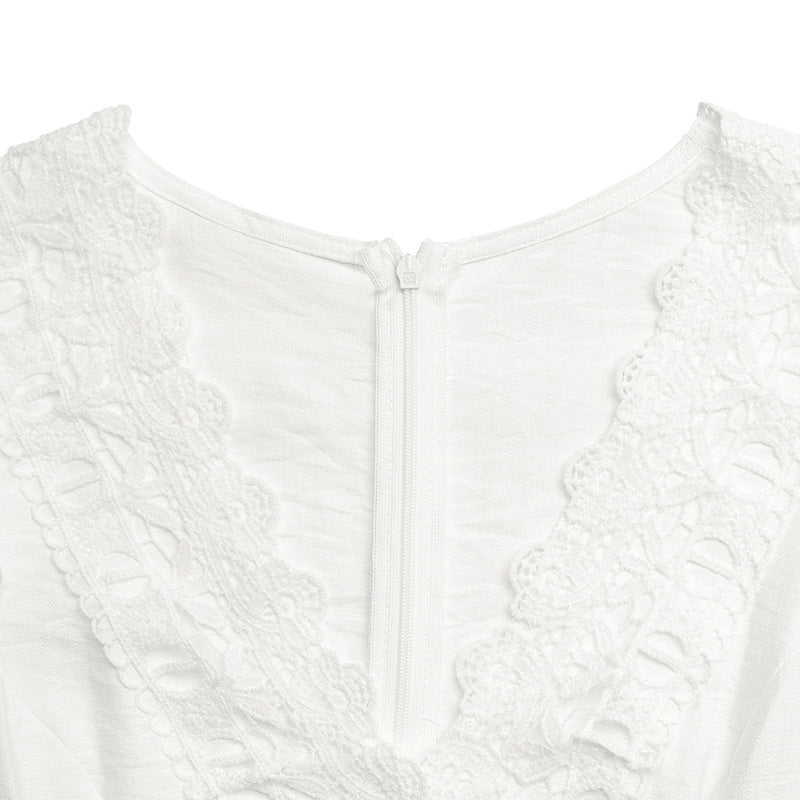 Off-White Lace Trim V Neck Jumpsuit Summer Casual Elegant Resort Outfit