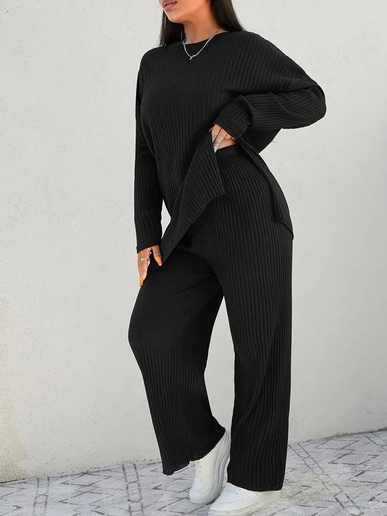 Plus Size Ribbed Knit Lounge Pants Set