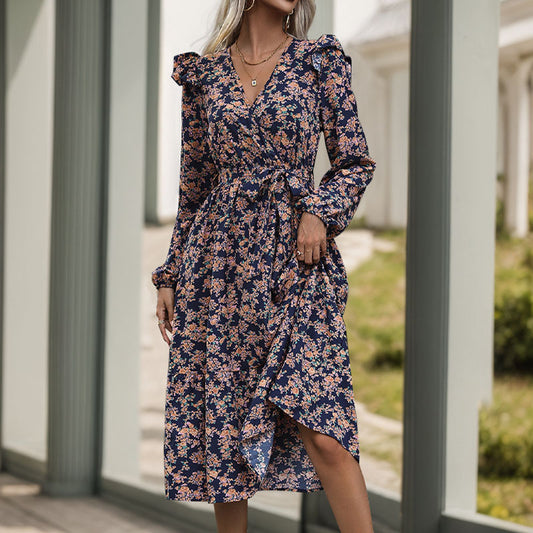 Women's Ruffled Long-sleeved Printed V-neck Dress