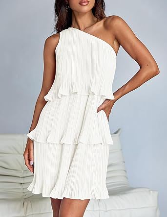 One Shoulder Tiered Pleated Ruffle Mini Dress for Summer