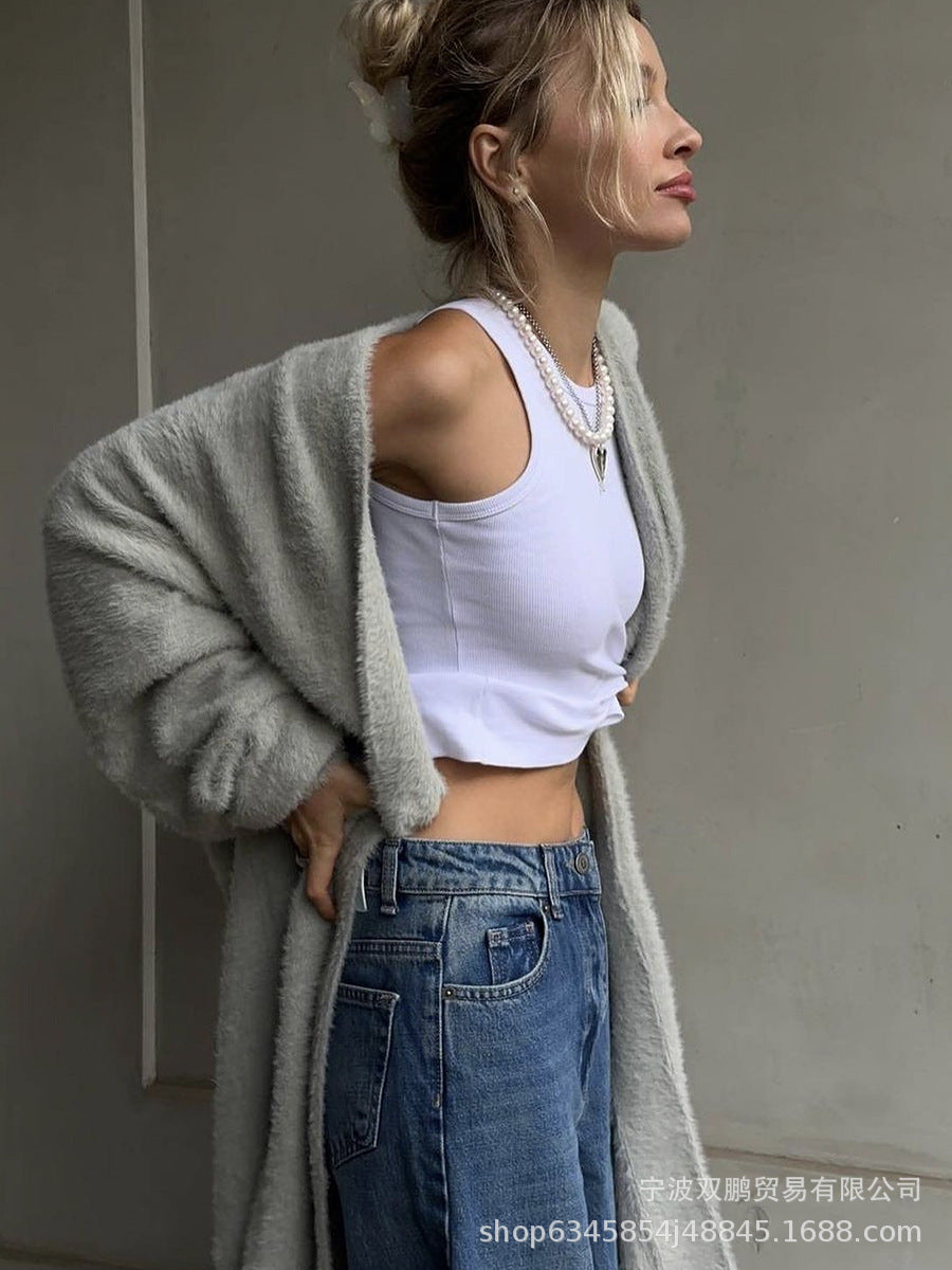 Long Cardigan Sweater with Belt, Fuzzy Open Front