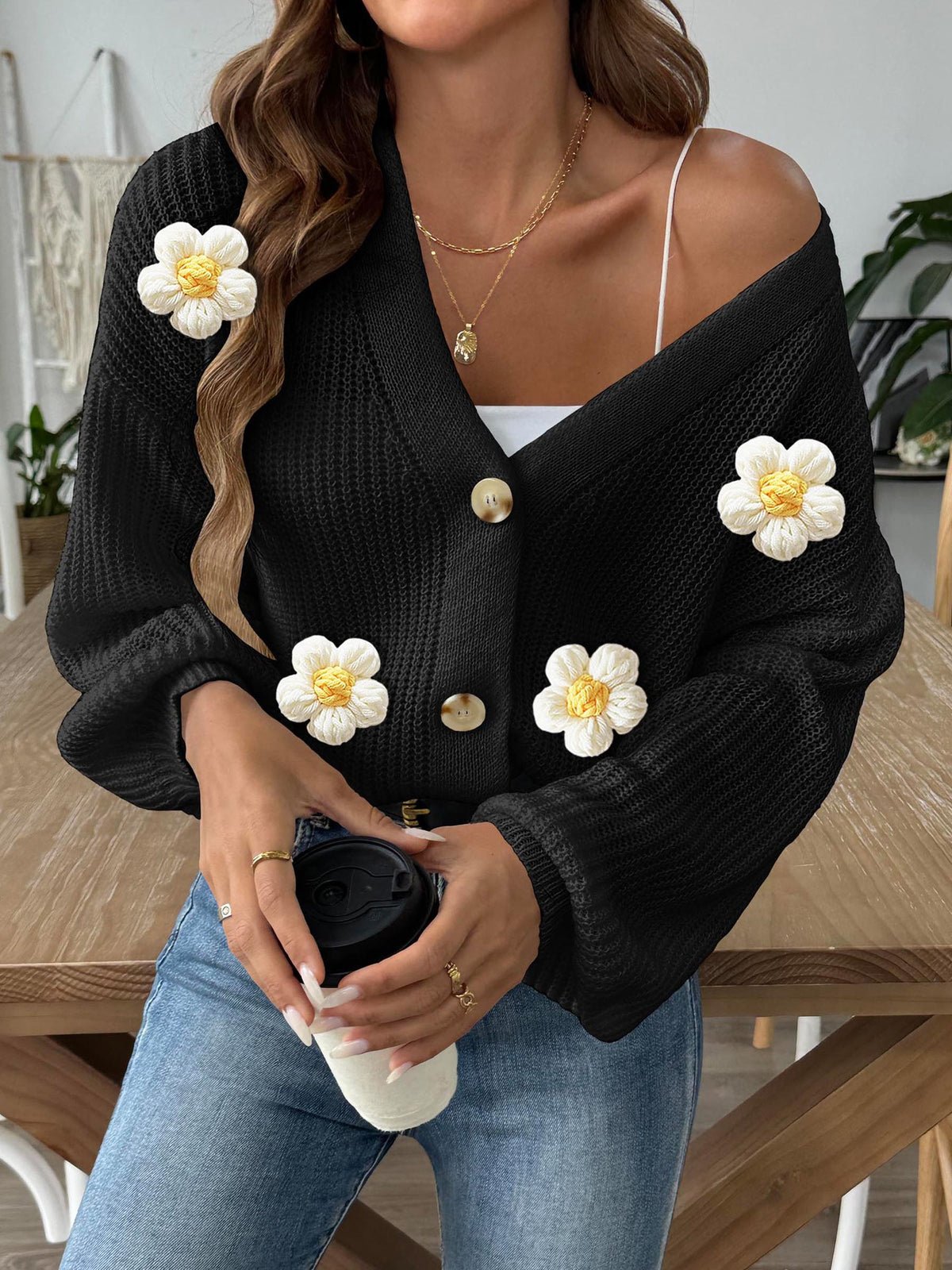 Women's Crochet Flower V Neck Button Down Cropped Cardigan
