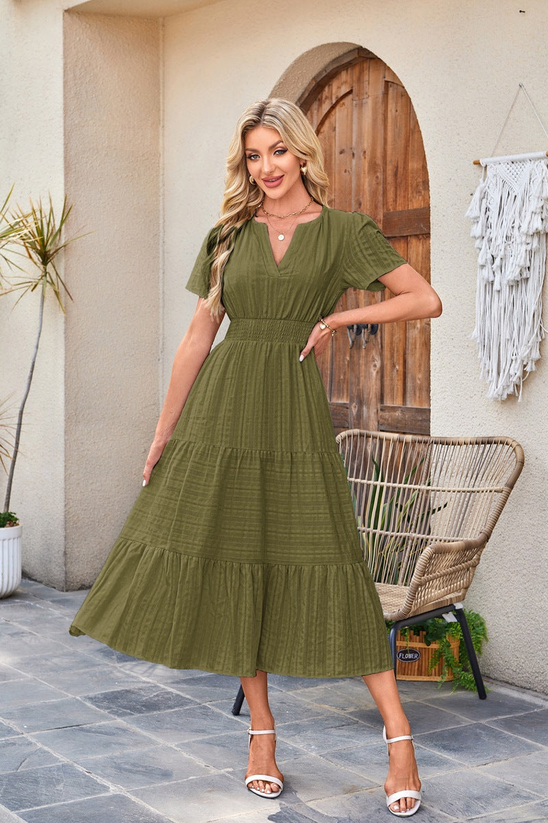 V Neck Smocked Puff Sleeve Flowy Midi Dress for Women