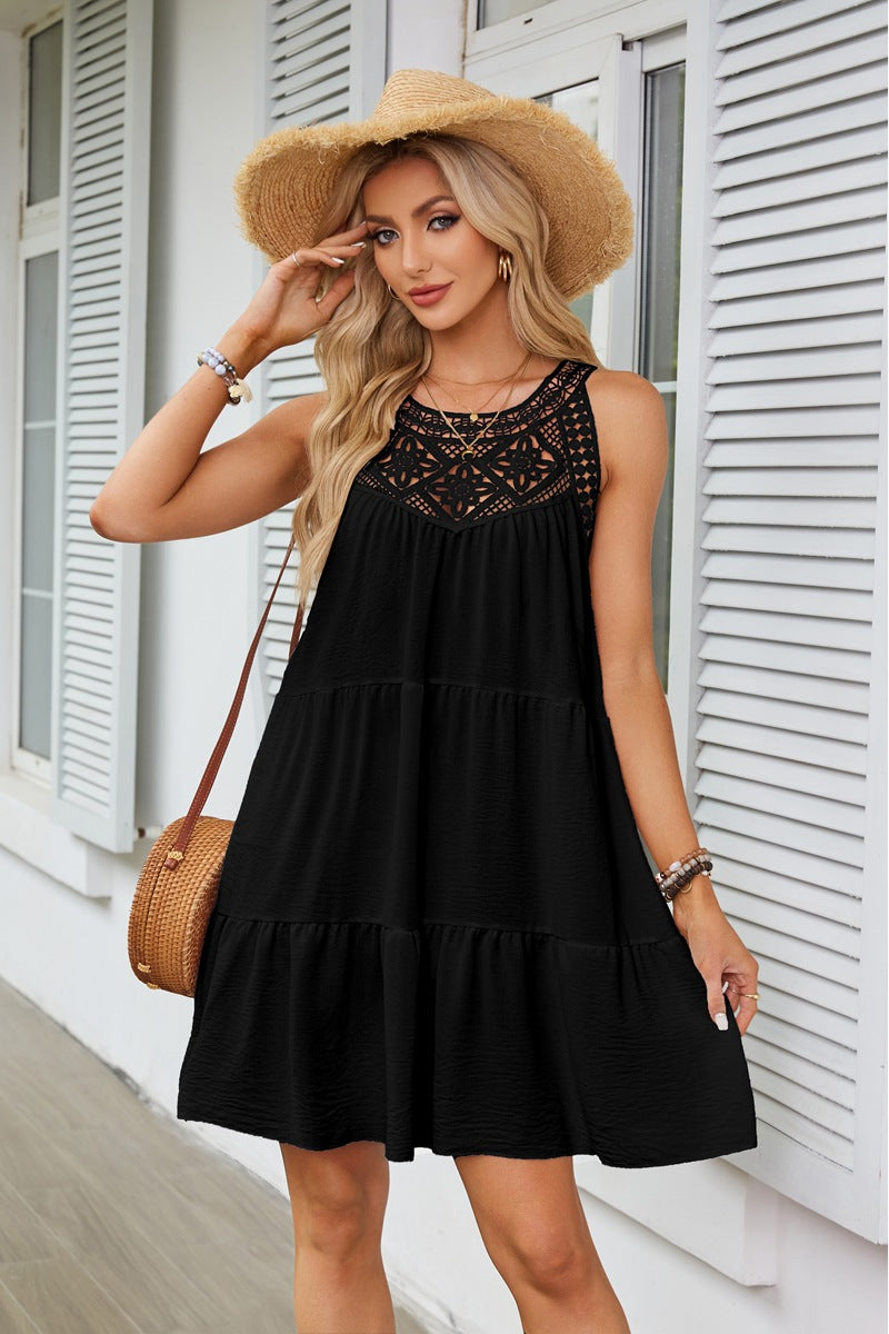 Halter Neck Lace Trim Tiered A Line Summer Dress