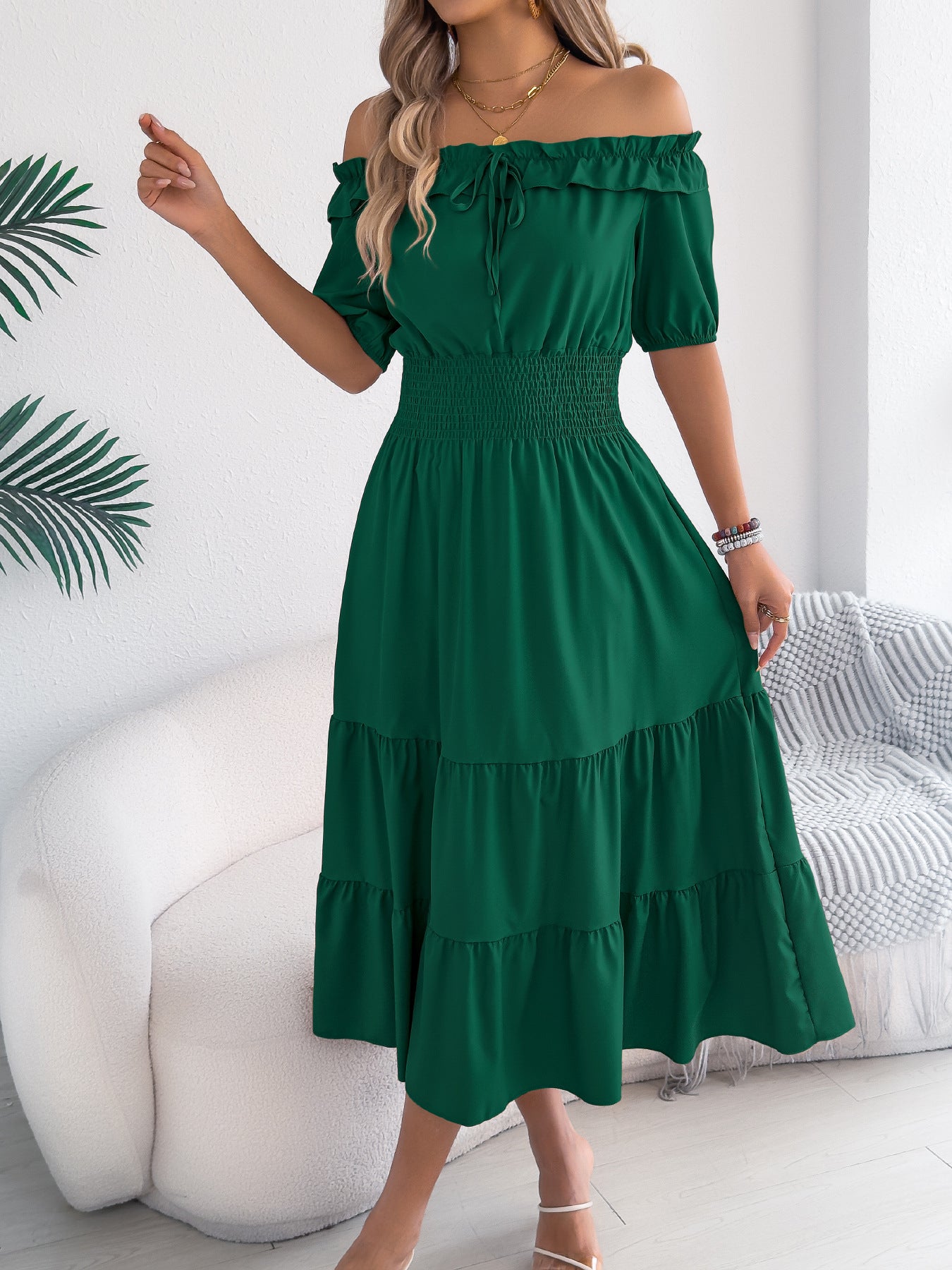 Green Off Shoulder Smocked Waist Ruffle Maxi Dress