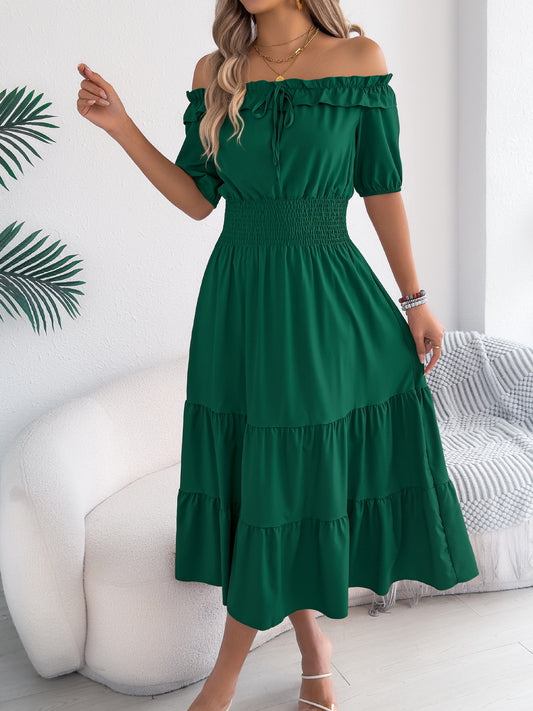 Green Off Shoulder Smocked Waist Ruffle Maxi Dress