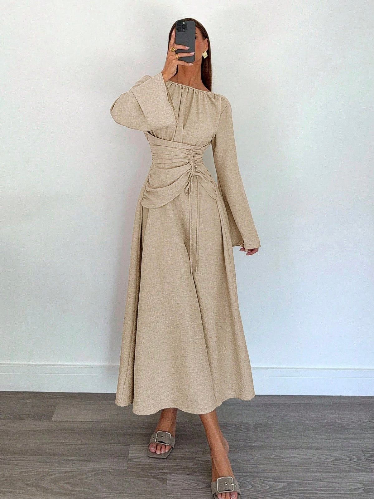 Women's Long Sleeve Tie Waist Ruched Midi Dress
