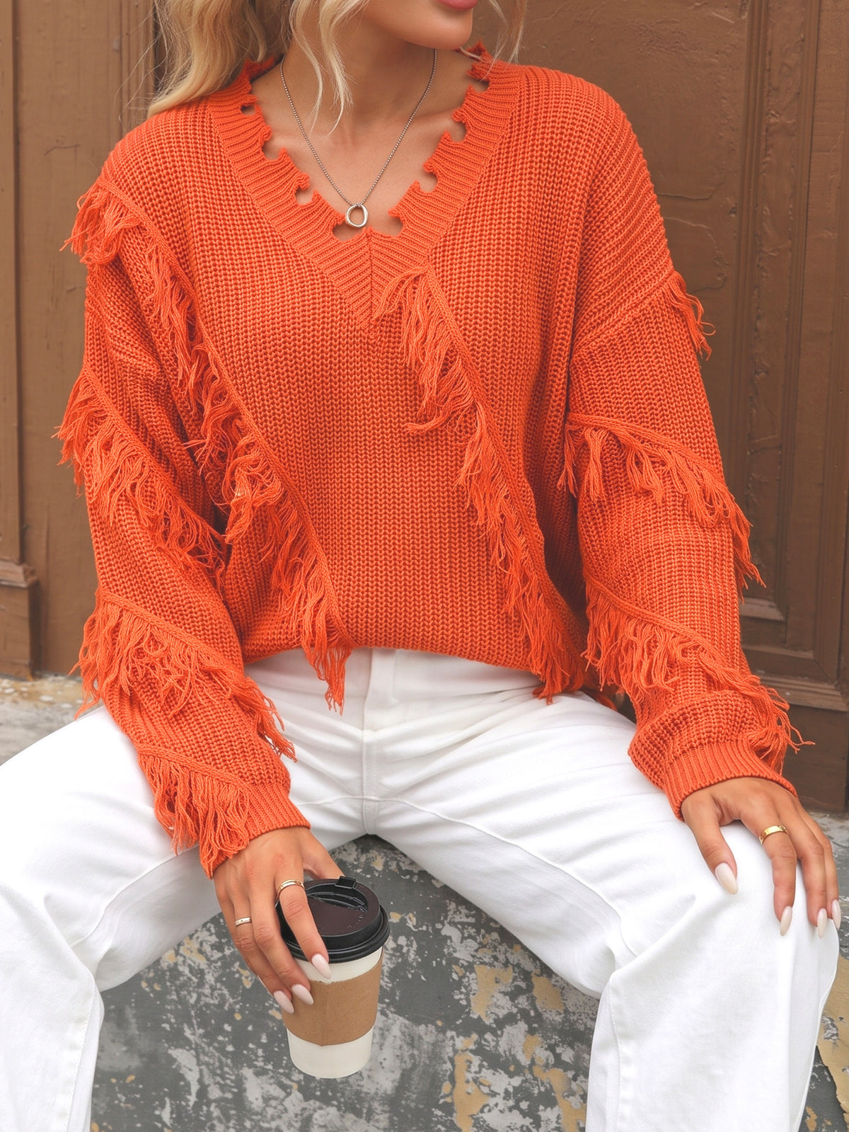 Women's Oversized V Neck Fringe Chunky Knit Sweater