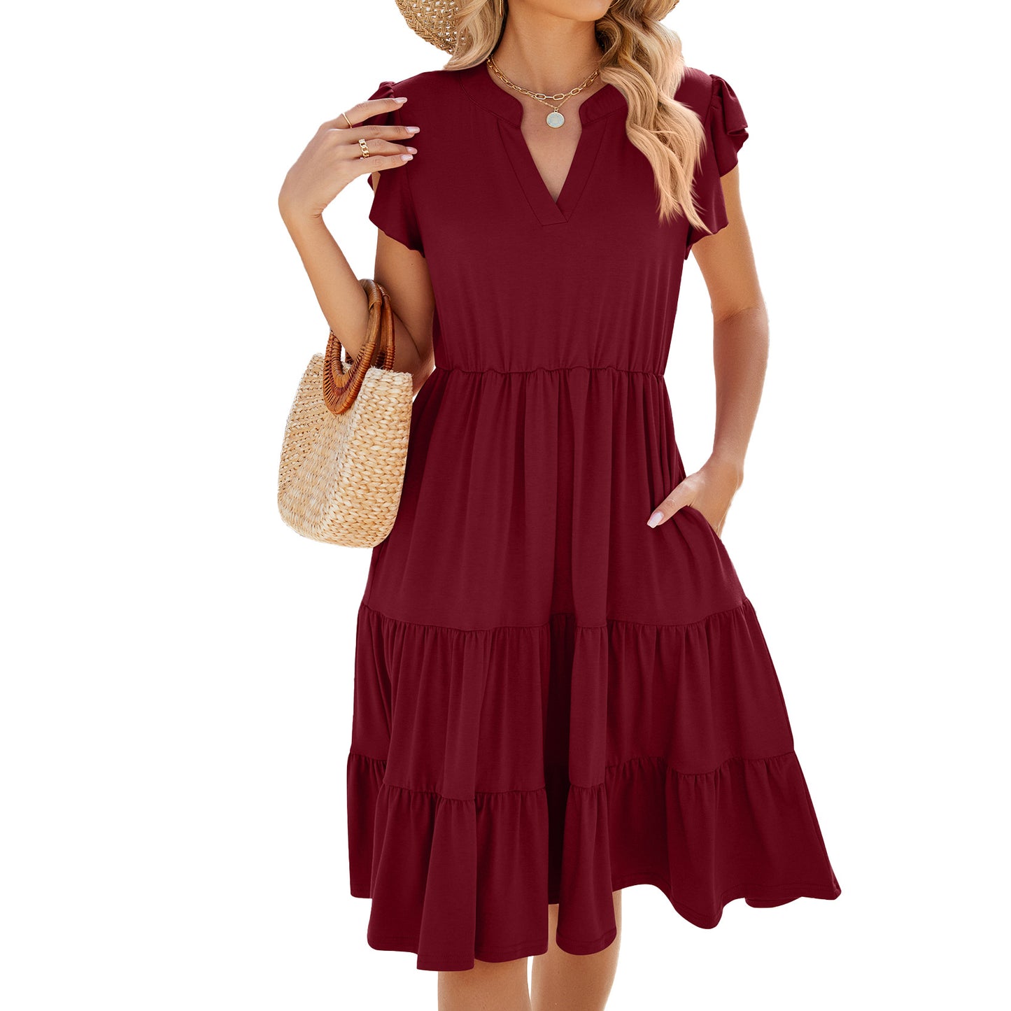 Women’s V-Neck Short Sleeve Tiered Midi Dress