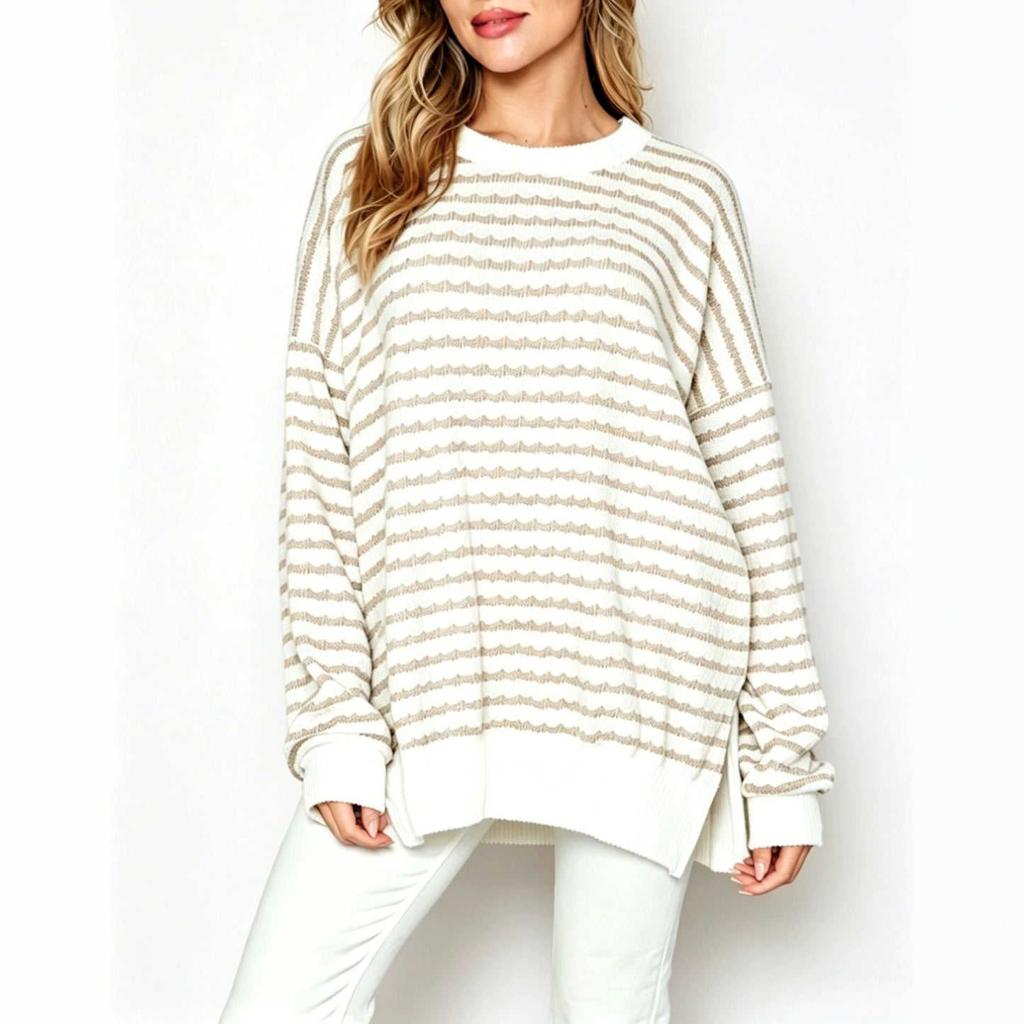Striped Oversized Crew Neck Sweater Boutique Knit Top