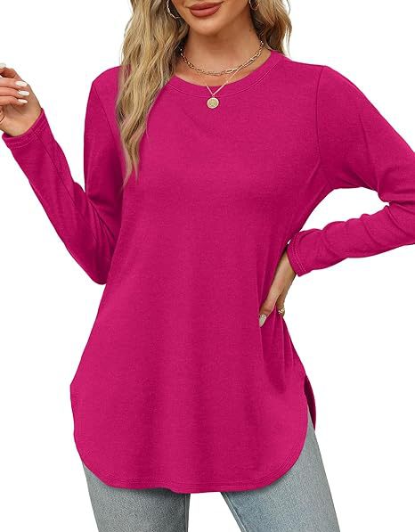 Women's Casual Long Sleeve Tunic Top Round Neck Side Slit