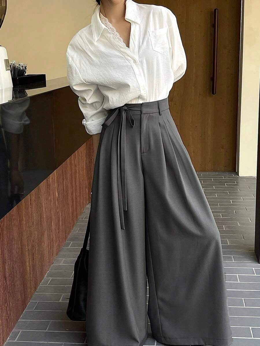 Women's Vintage Tie Waist Wide Leg Palazzo Pants