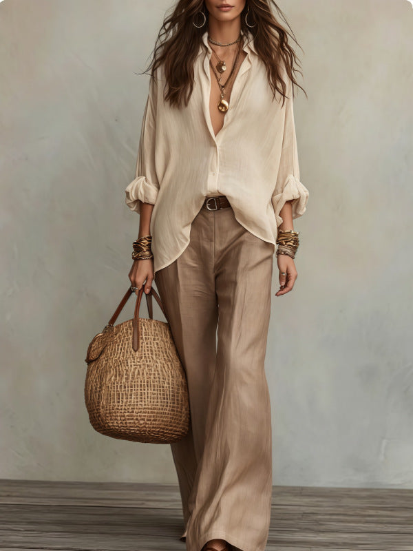 Women's Relaxed 2 Piece Button Down Wide Leg Pants Set