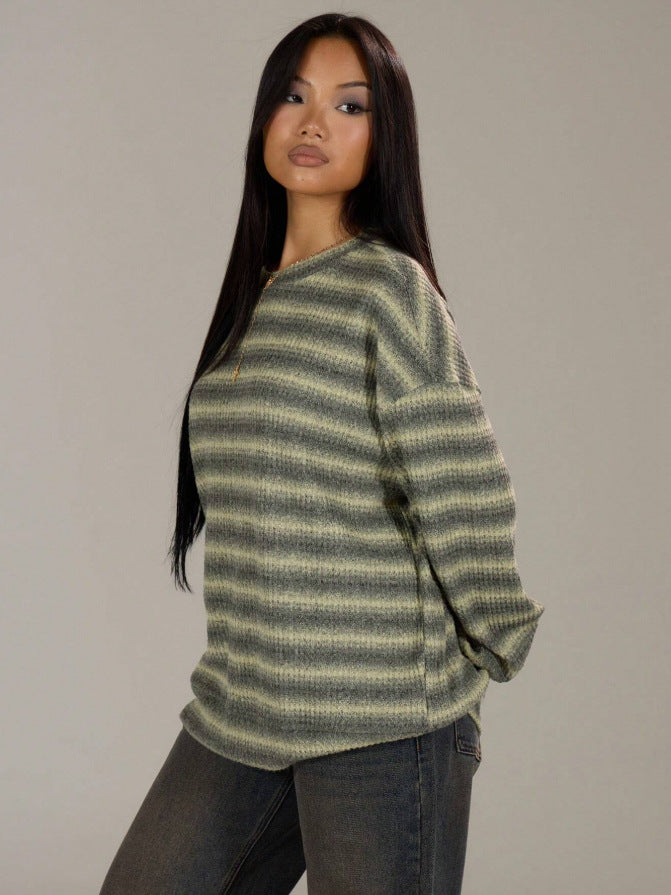 Striped Brushed Sweater Boutique Oversized Drop Shoulder Pullover