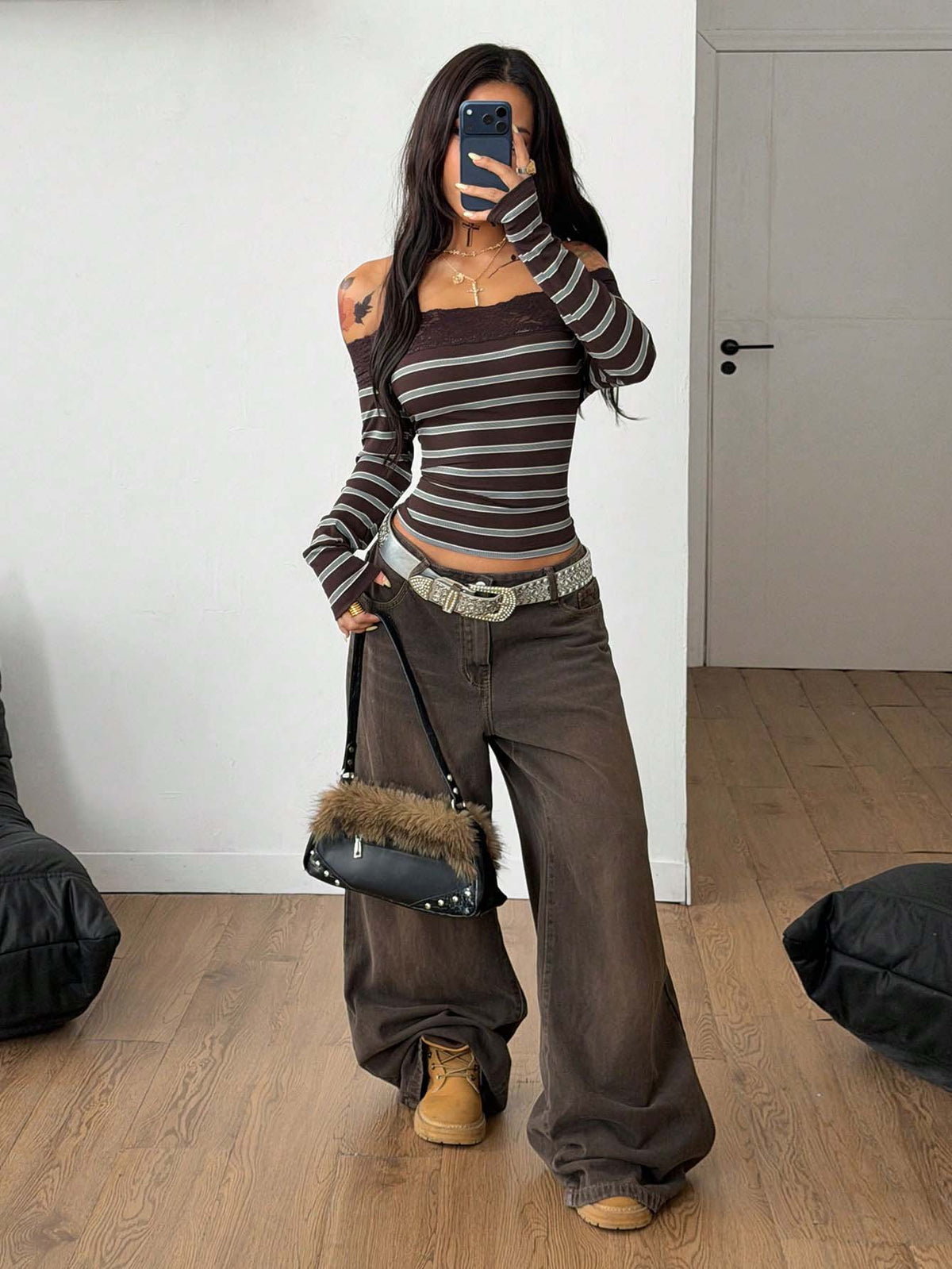 Y2K Lace Trim Off Shoulder Striped Long Sleeve Top