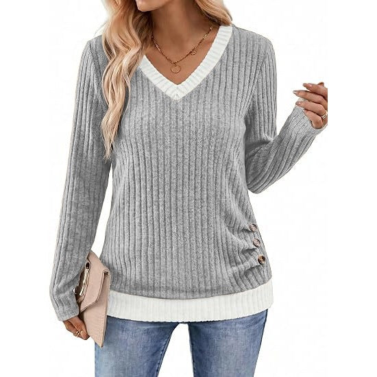 Color Block V Neck Long Sleeve Side Button Tunic Top