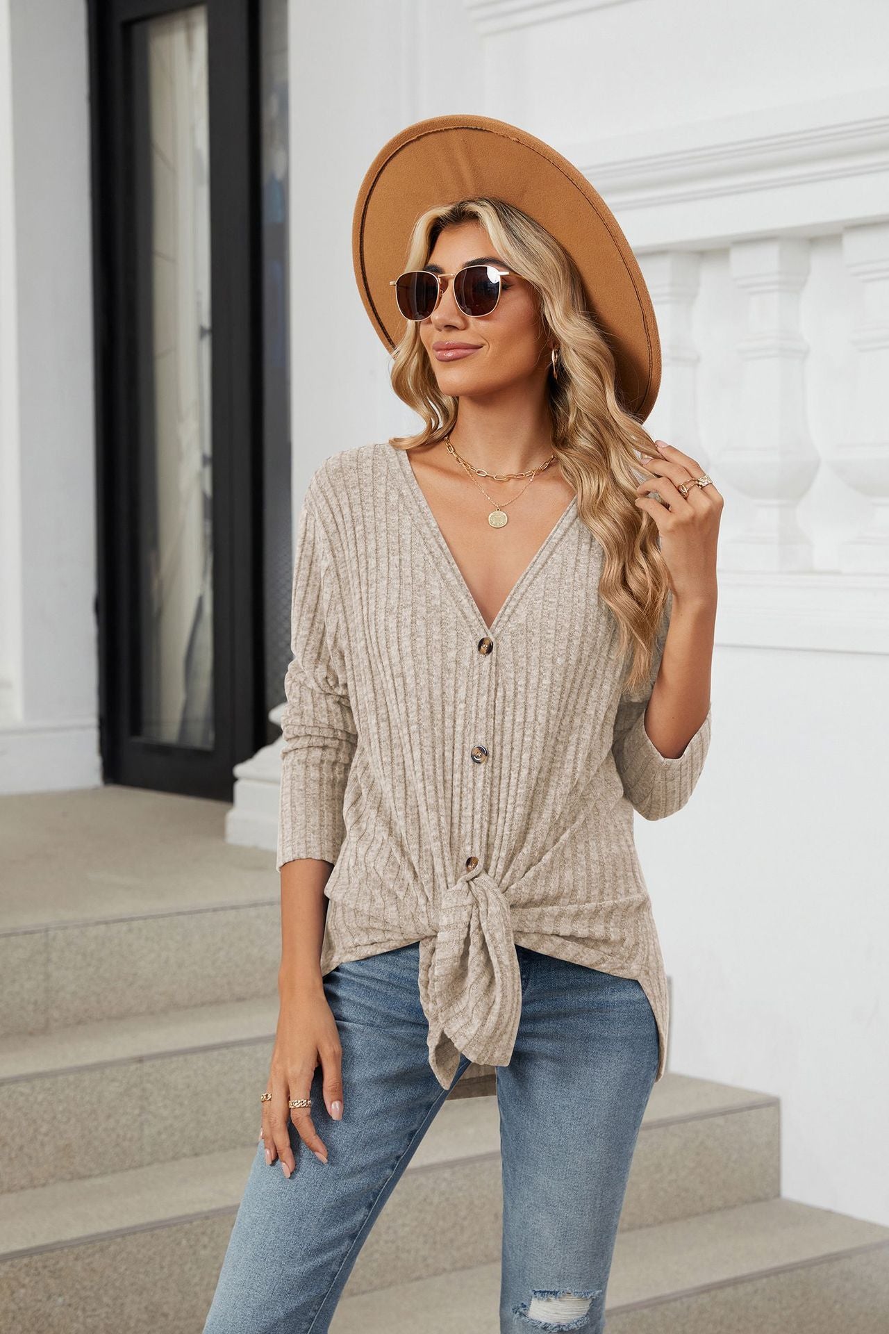 Solid Color Long Sleeve Button Cardigan Knitted