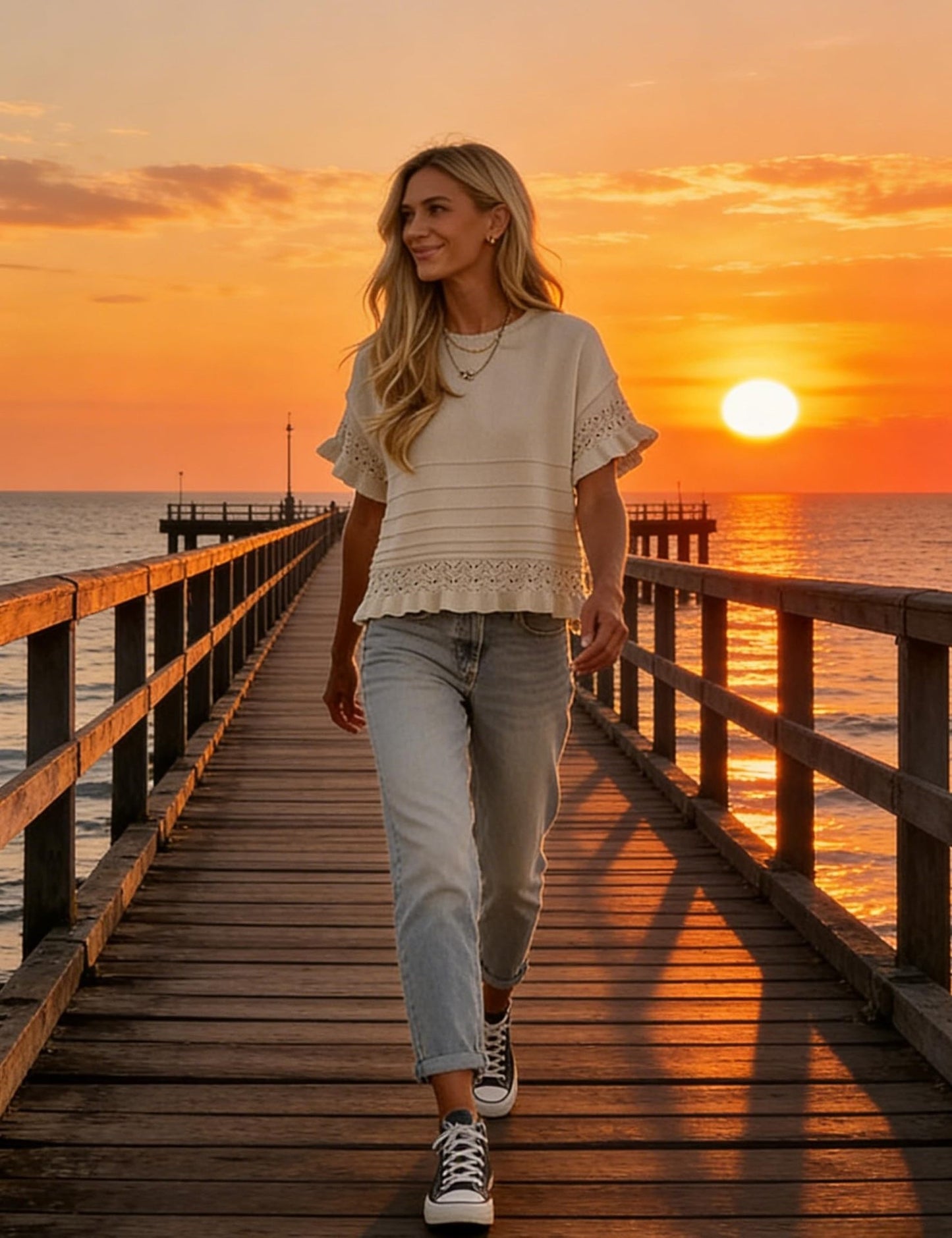 Solid Knit Top Casual Eyelet Ruffle Sleeve