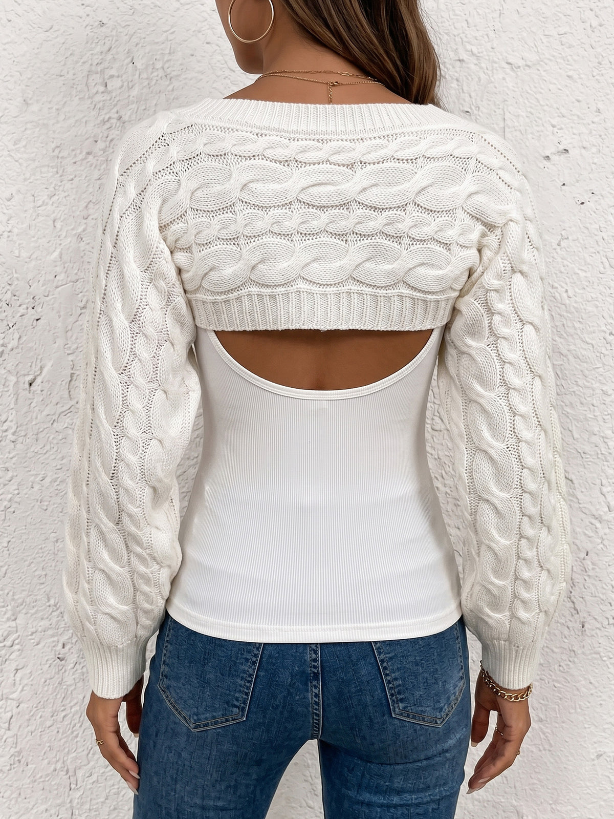 Cable Knit Cropped Shrug Sweater Long Sleeve Bolero