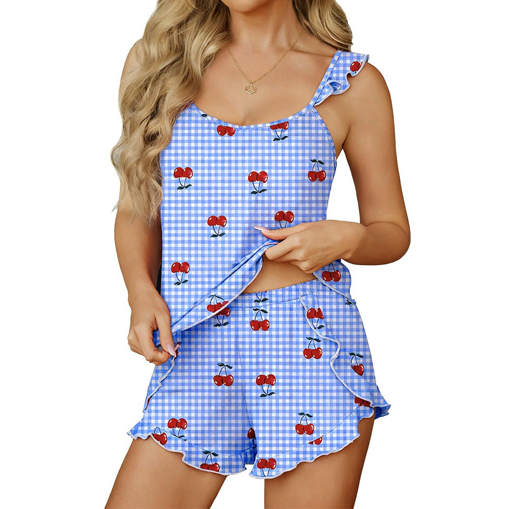 Women’s Bow Print Pajama Set Ruffle Trim Cami Top and Shorts Cute Summer Sleepwear 2pcs Set