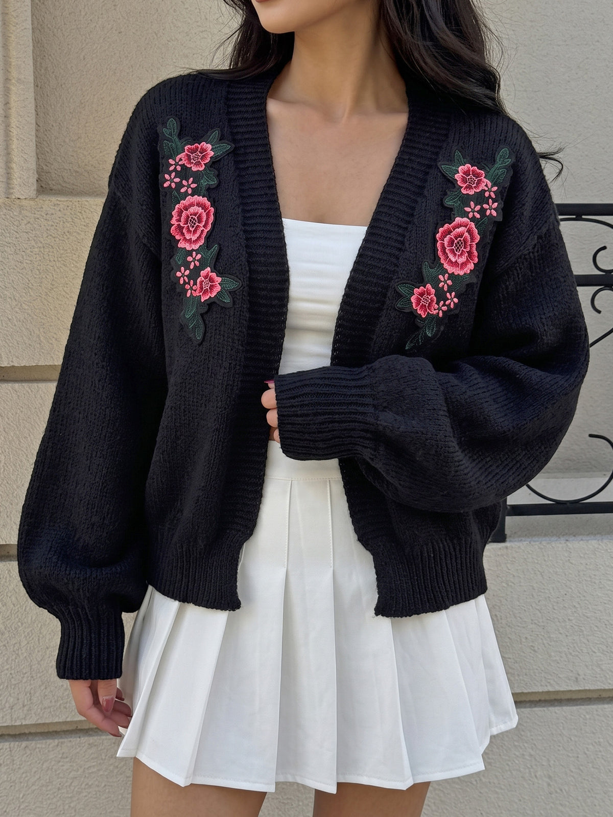 Women's Vintage Rose Embroidered Oversized Cardigan