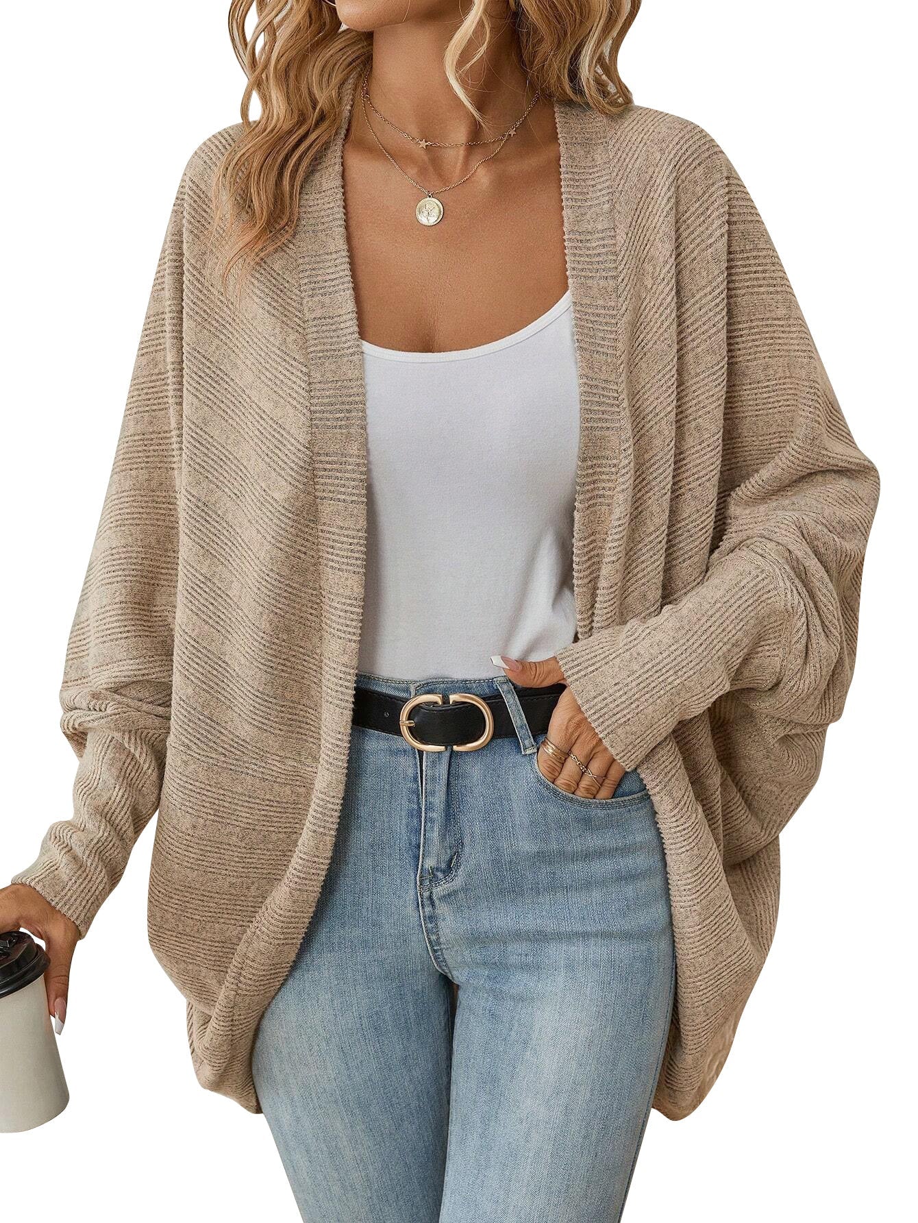Oversized Ribbed Knit Cardigan Open Front Cozy Layer