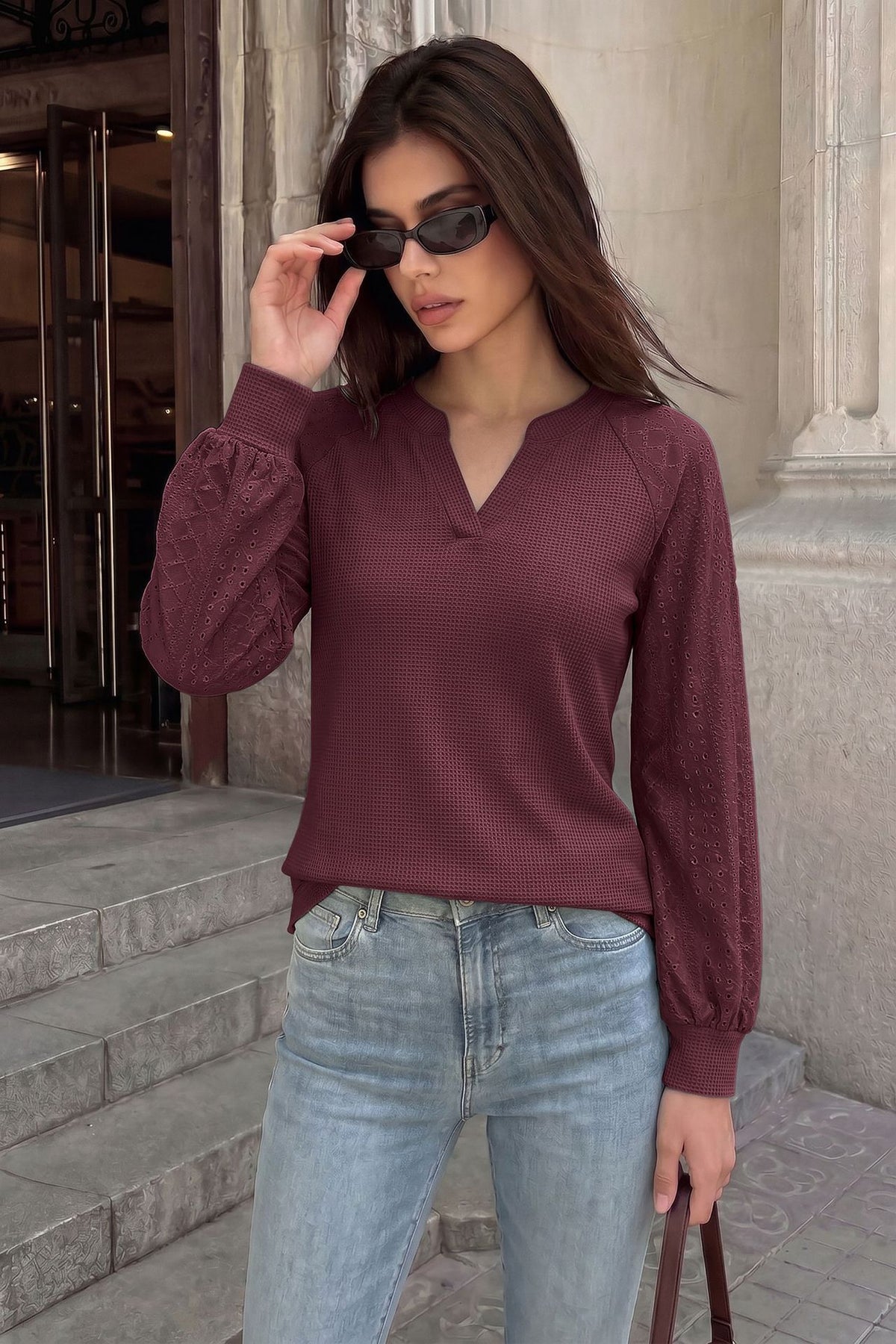 Waffle Knit V-Neck Eyelet Balloon Sleeve Casual Top