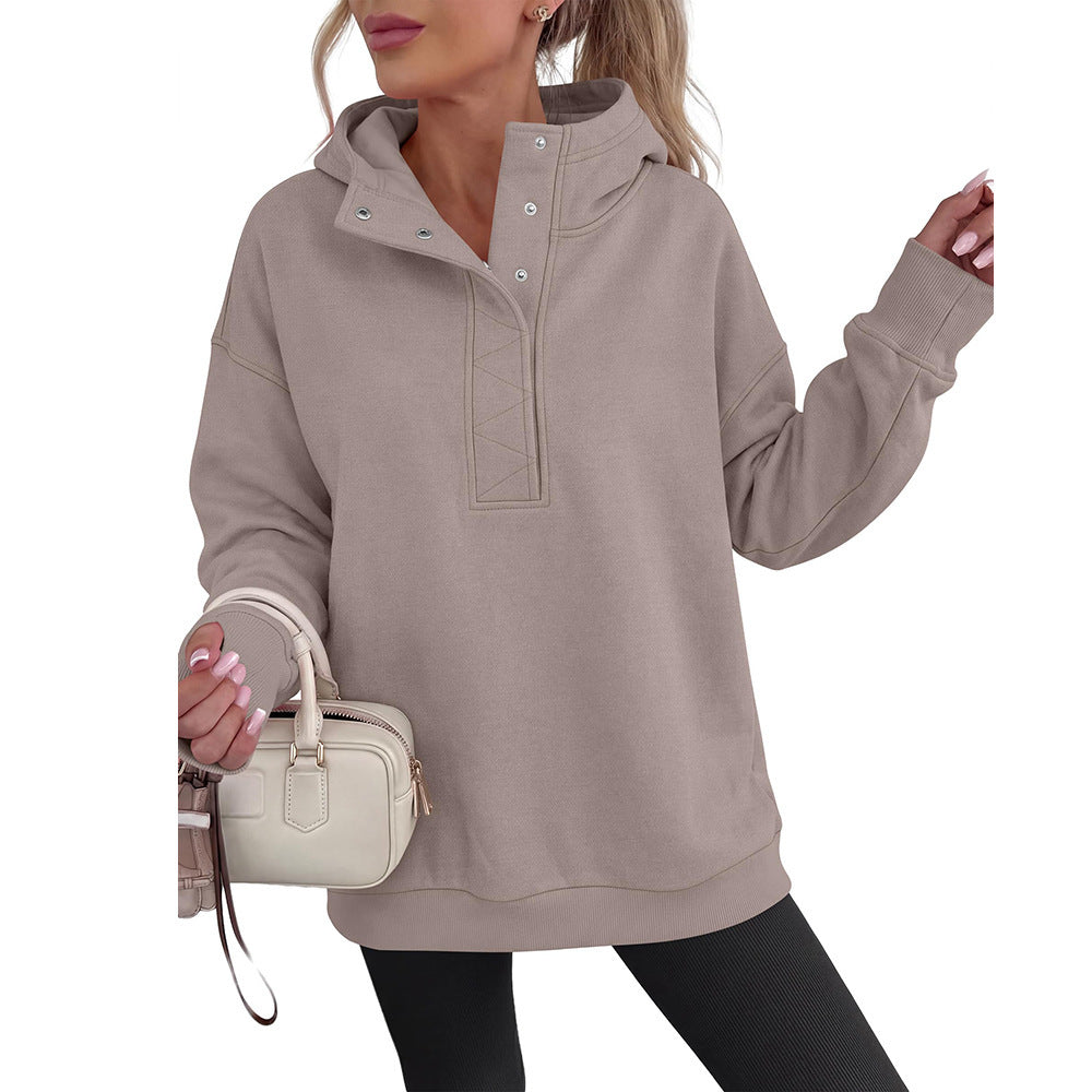 Solid Cotton Blend Hoodie Casual Oversized Snap Neck