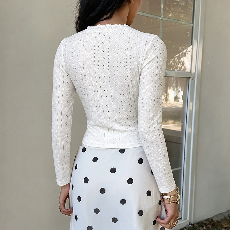 Coquette Eyelet Tie Front V Neck Fitted Long Sleeve Top