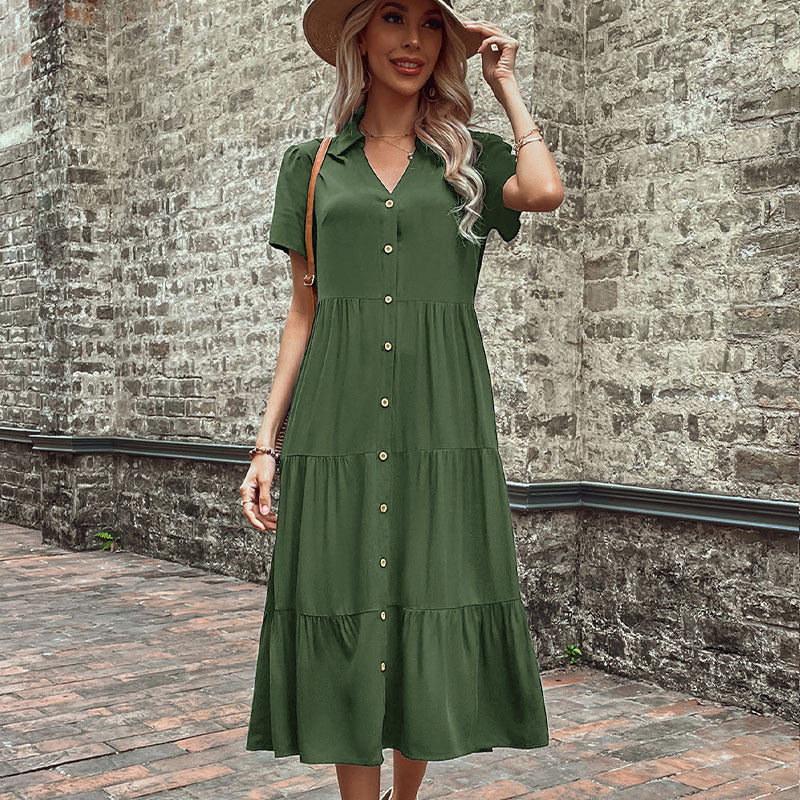 Women's  Button Front Tiered Midi Shirt Dress Casual Summer Dress