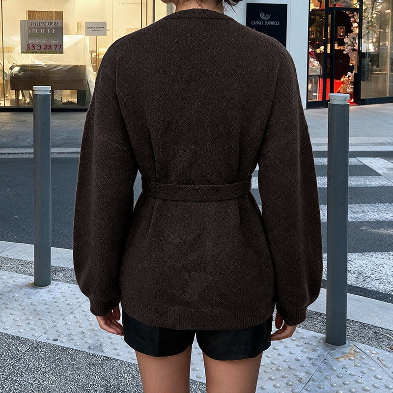 Women's Oversized Belted Cardigan V-Neck Knit Sweater